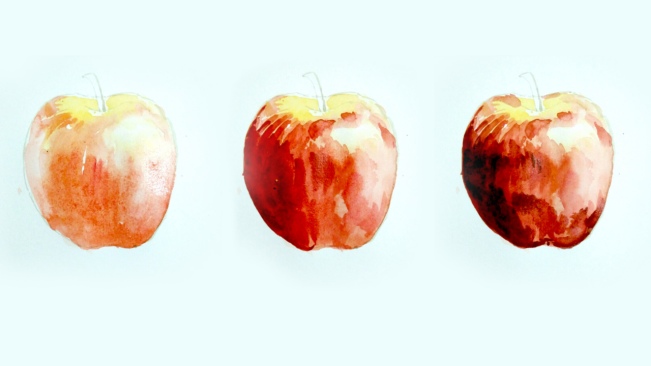 Step 3 - apple water coloring, progressively applying darker shades